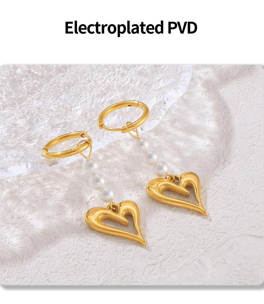 Titanium Steel 18k Gold Plated Heart Earrings with Cross Tassel and Imitation Pearl