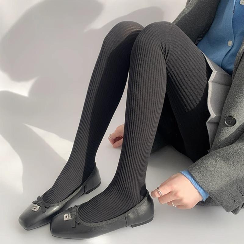 Women Vintage Slim Stockings Solid Color Thicken Ribbed Striped Pantyhose Tights