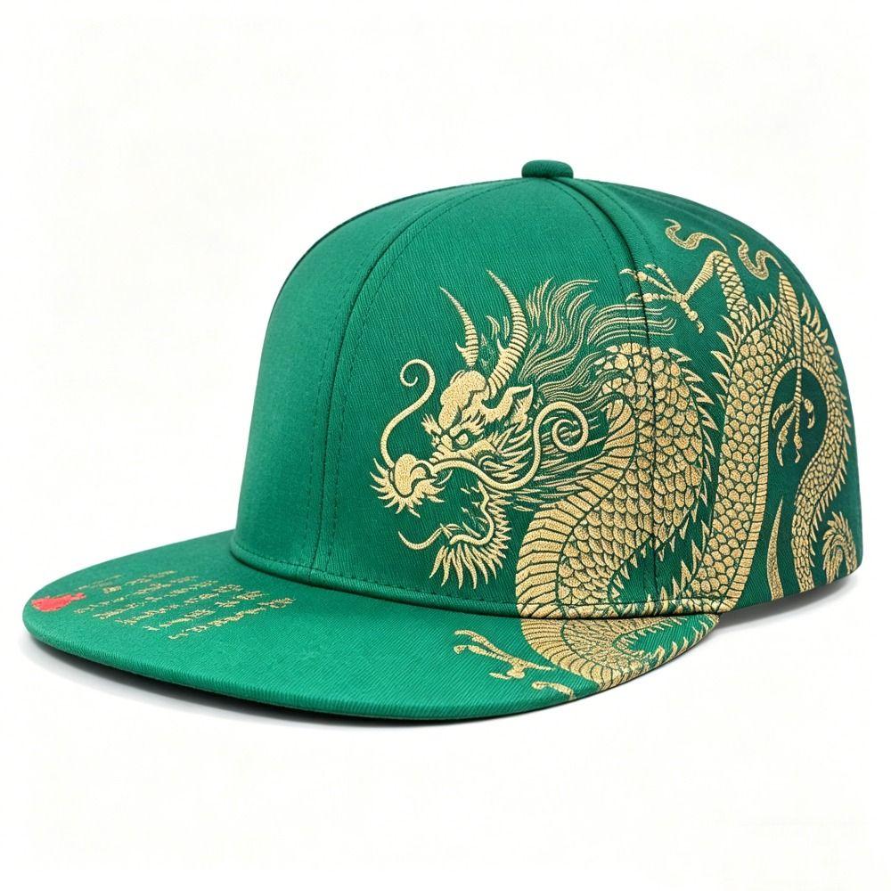 Adjustable Flat Brim Snapback Hat Chinese Golden Loong Print Streetwear Snapback  Streetwear Style