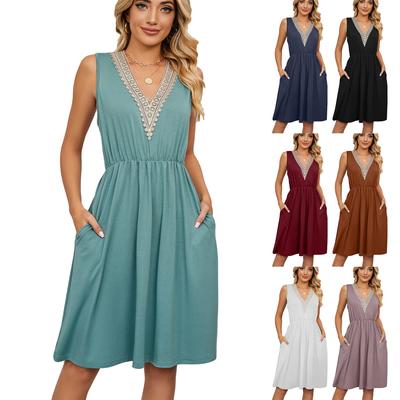 Damen Frühjahr/Sommer Mode Solide V-Ausschnitt Spitze Panel Ärmellos Tasche Taille Wickelkleid Langes Kleid