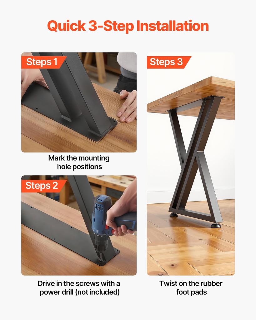 VEVOR Table Legs, 29.1" H x 24" W Steel Furniture Legs, 2204 lbs Max Load Heavy Duty, Easy Installation