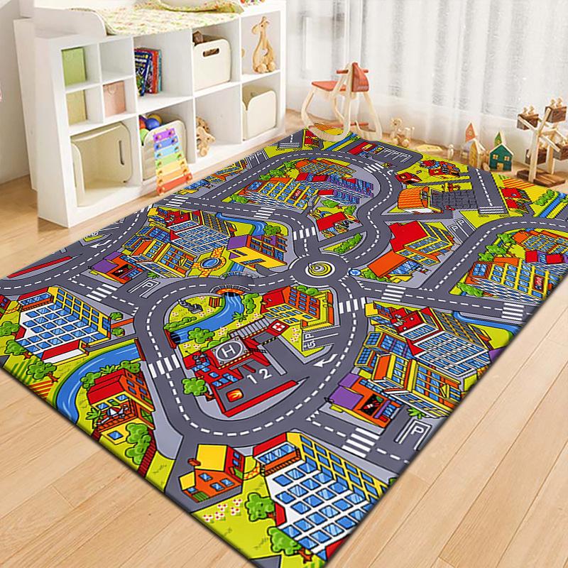 Cartoon Roadway Velvet Rug: Durable, Dirt-resistant Play Mat for Kids