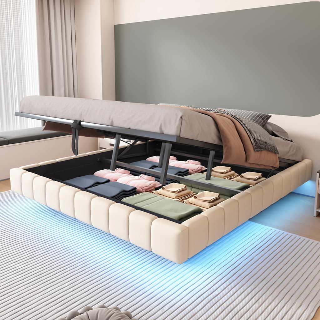 Cama Tapizada 180x200 cm, Estructura de Cama Flotante Hidráulica con Espacio de Almacenamiento, Cama Multifuncional sin Cabecero con Luz LED, Lino Beige