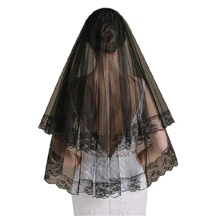 Gothic-Hochzeits-Brautschleier mit Spitze und Blumenbesatz, Mädchen-Braut, lange Tüll-Hochzeits-Tiaras für Halloween-Frauenfotografie
