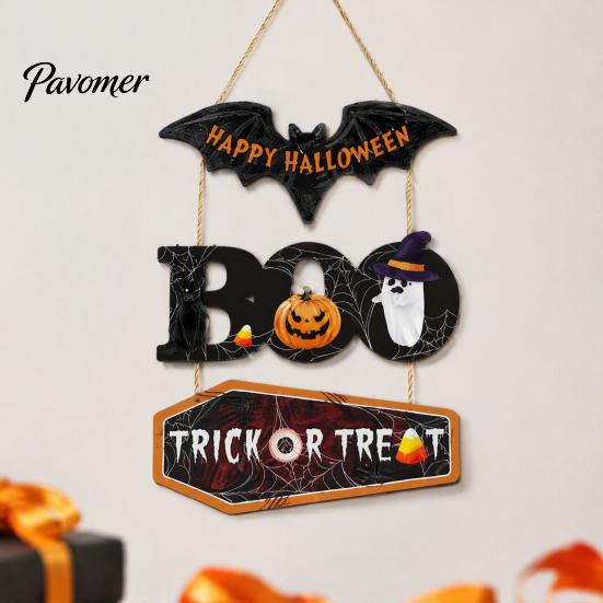 Seasonal Wall Hanging Plaque Happy Halloween Wooden Sign, Cute Bat Ghost Pumpkin Boo Door Hanger, Trick Indoor Holiday Hanger or Treat Sign for Party,