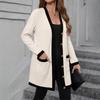Women's Knitted Pocket Single-breasted Mid-length Contrast Color Casual Long-sleeved Cardigan Jacket