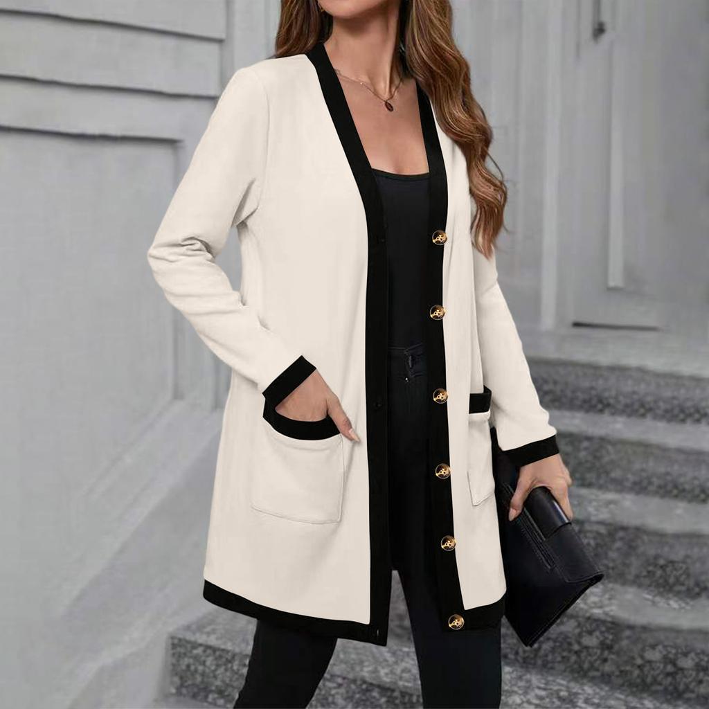 Women's Knitted Pocket Single-breasted Mid-length Contrast Color Casual Long-sleeved Cardigan Jacket