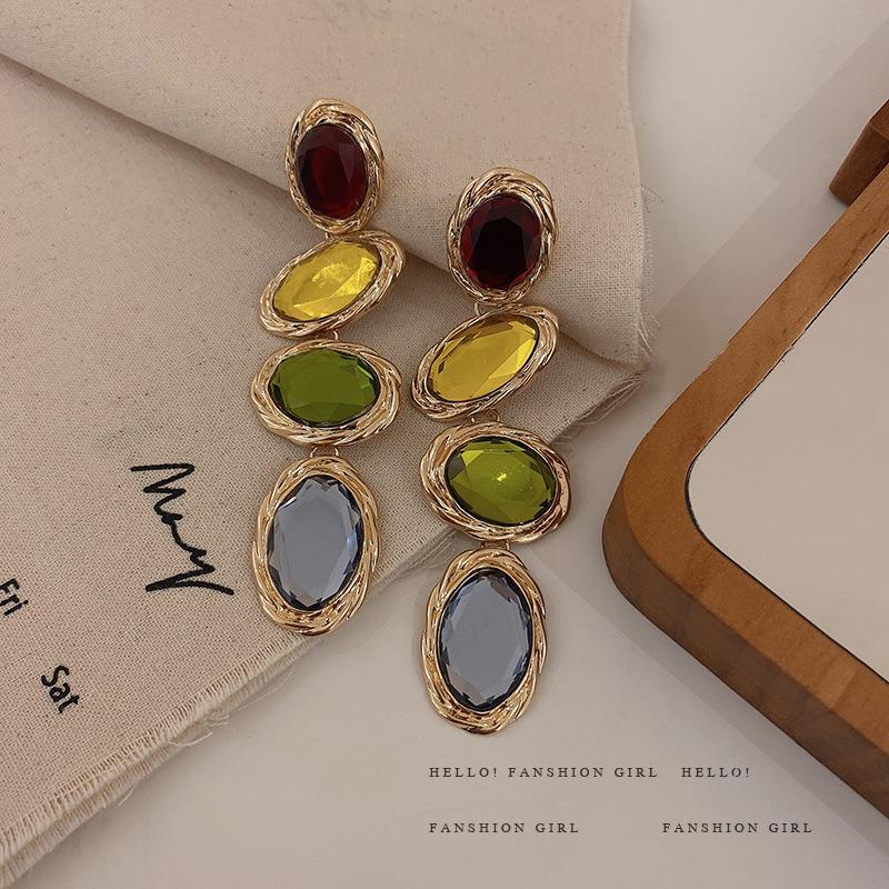 Exaggerated candy color long rhinestone earrings temperament fashion earrings retro design personalized earrings women