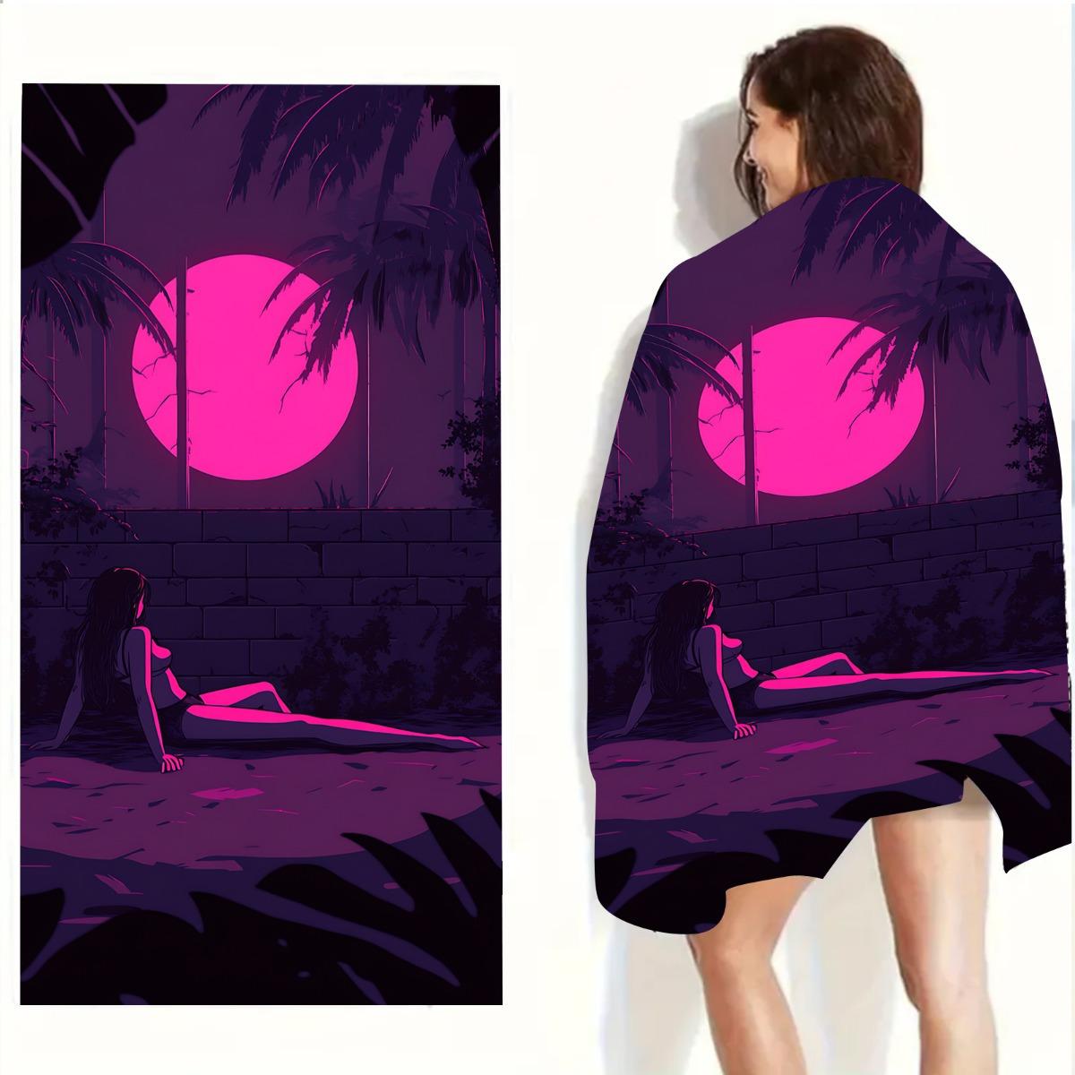 

1pc Vibrant Purple Beach Towel with Romantic Sunset Design - Soft, Absorbent, Quick-Dry Polyester Mat for Beach & Pool - Perfect W40*H60(CM)