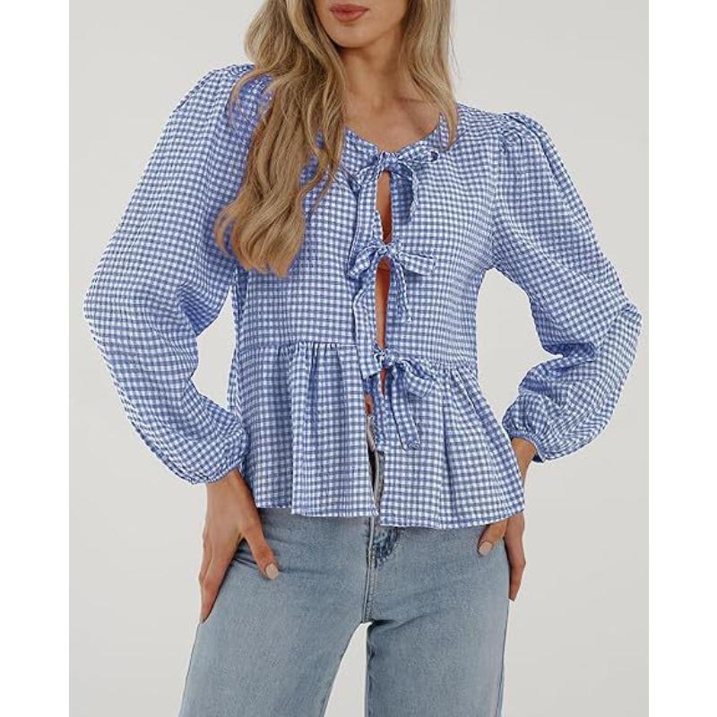 Women's Fashion Casual Spring Fall Plaid Print Long Sleeve O Neck Blouses & Shirts