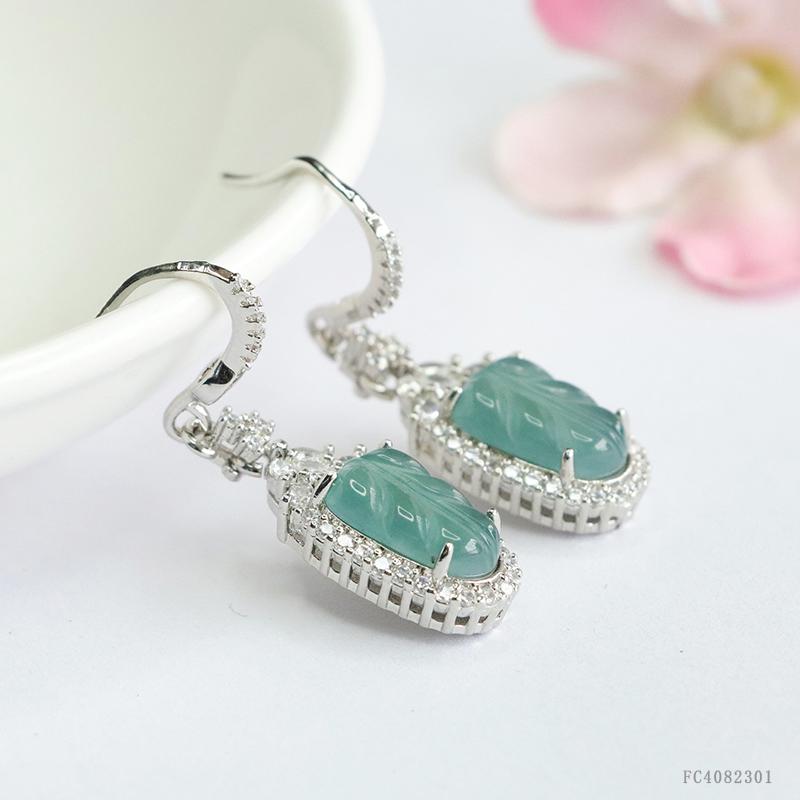 Leaf Shape Natural Stone Jade Earrings Silver Plated Myanmar Jade Earrings Full of Zircons Burma Jadeite Drop Earrings for Women