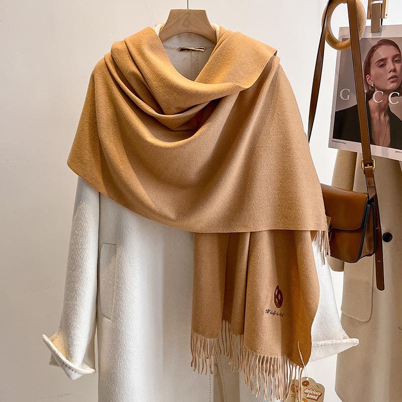 New Autumn and Winter Scarf Women's Imitation Cashmere Embroidered Scarf Men's Warm Couple Versatile and Cute Student