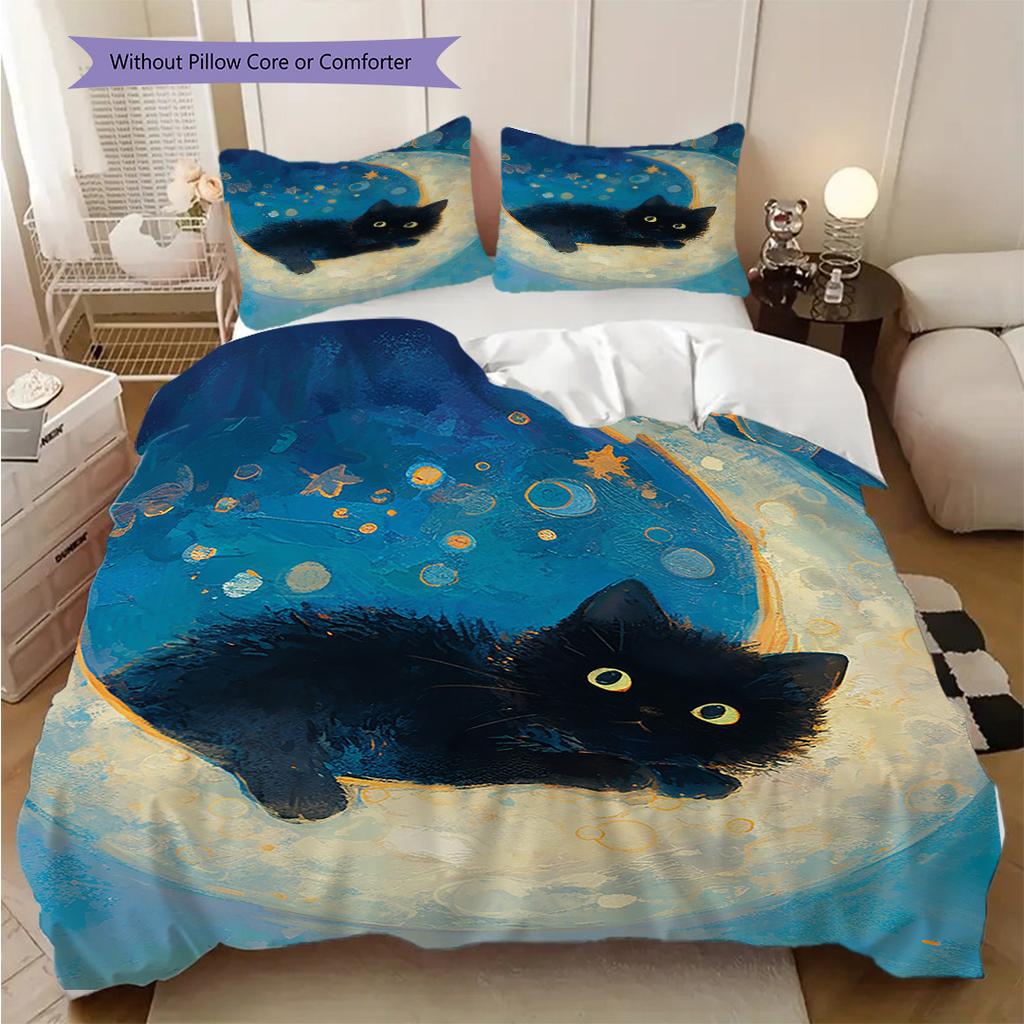 Black Cat Pattern Bedding Quilt Set Quilt Cover Pillowcase Home Decoration Birthday Gift (1 * duvet cover + 2 * pillowcase, without core)