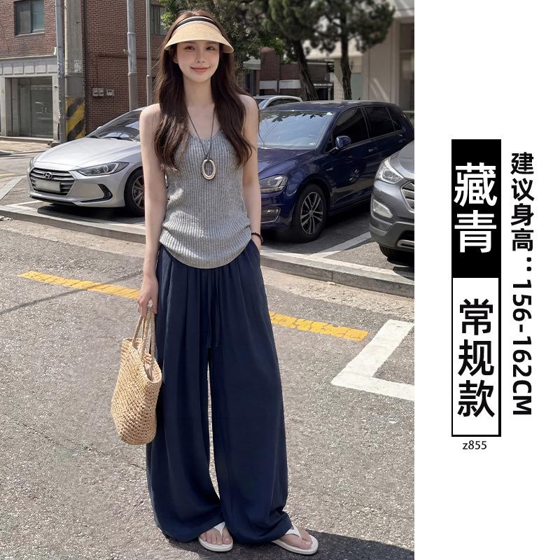 Women Linen Blend Loose Wide Leg Casual Pants Summer Style S темно-синий