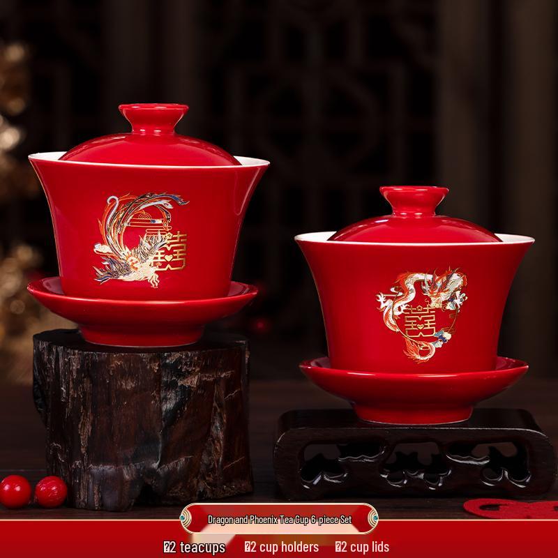Festive Red Wedding Tea Set: Lidded Bowls, Tea Cups, and Chopsticks