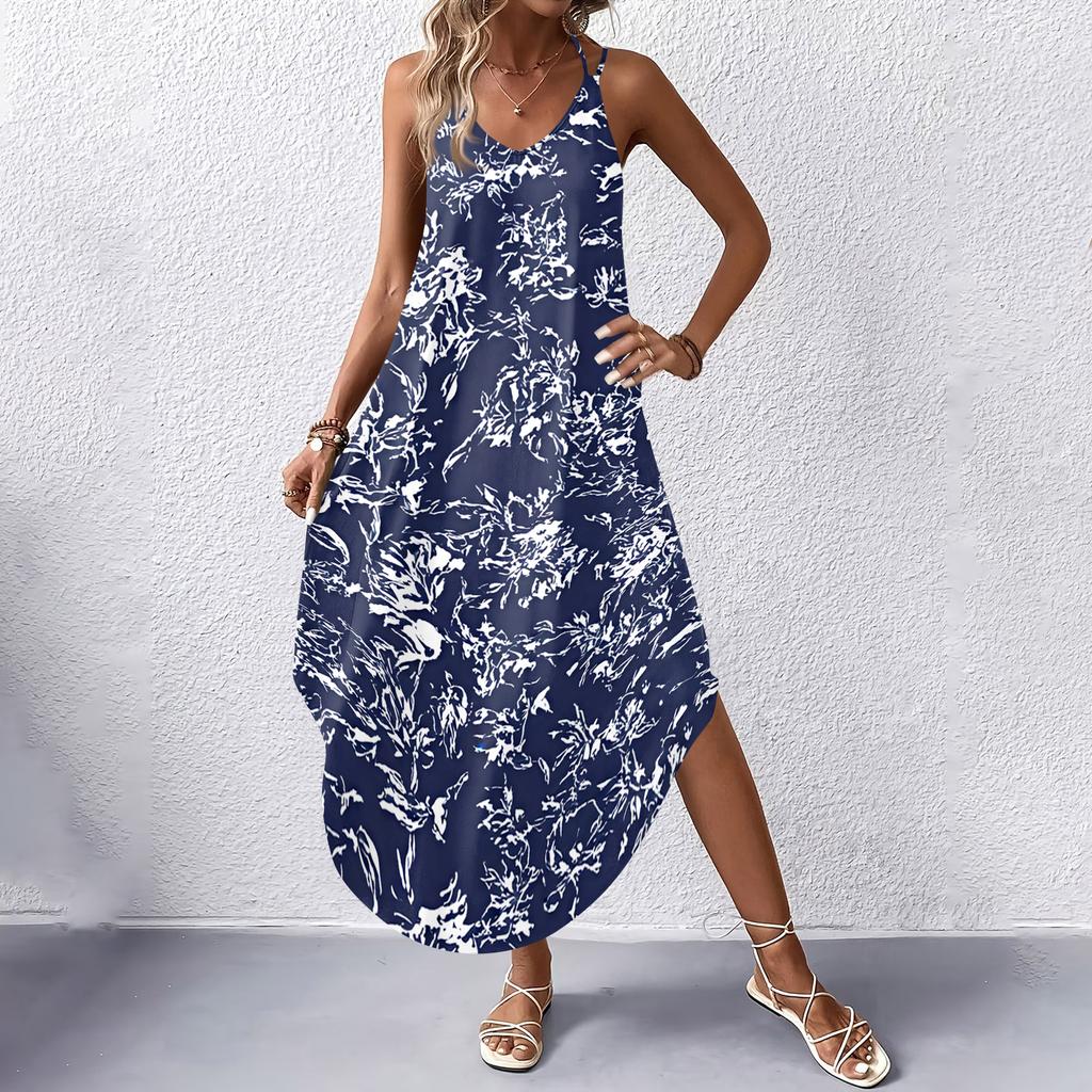 Women V Neck Floral Print Sleeveless Maxi Dress with Pockets Loose Fit Summer Beach Long Dress for Casual Wear