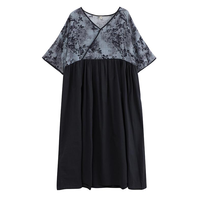 DIMANAF 2025 Plus Size Summer Women Basic Dress Vintage Printing Casual Loose Spliced Long Dress Maxi