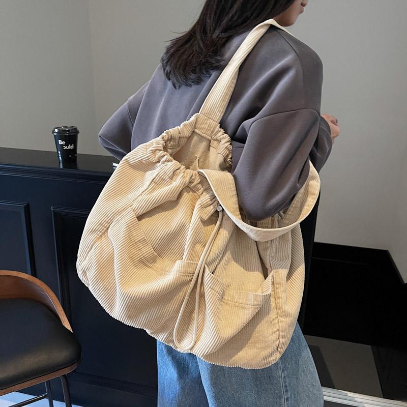 Women's Large Capacity Corduroy Handbag Drawstring Shoulder Bag Tote Bag