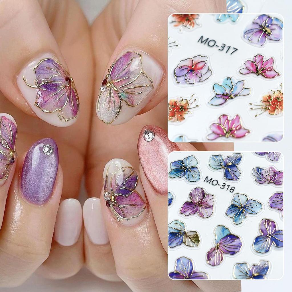 Fragrant Dreamy Purple-Gold Floral Embossed Nail Stickers