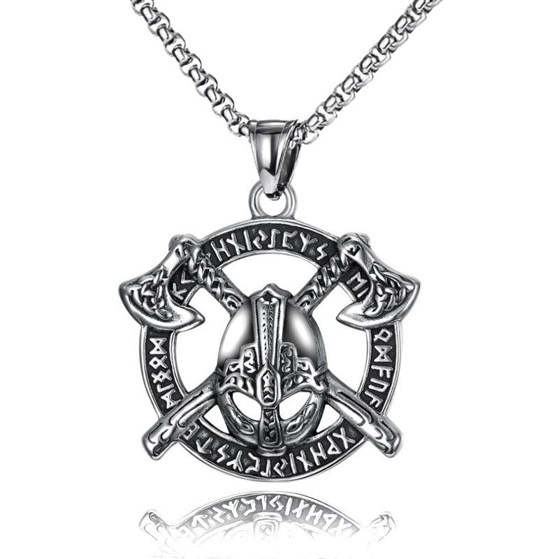 European and American Jewelry Nordic Viking Warrior Helmet Necklace Thor Axe Logo Pendant Necklace