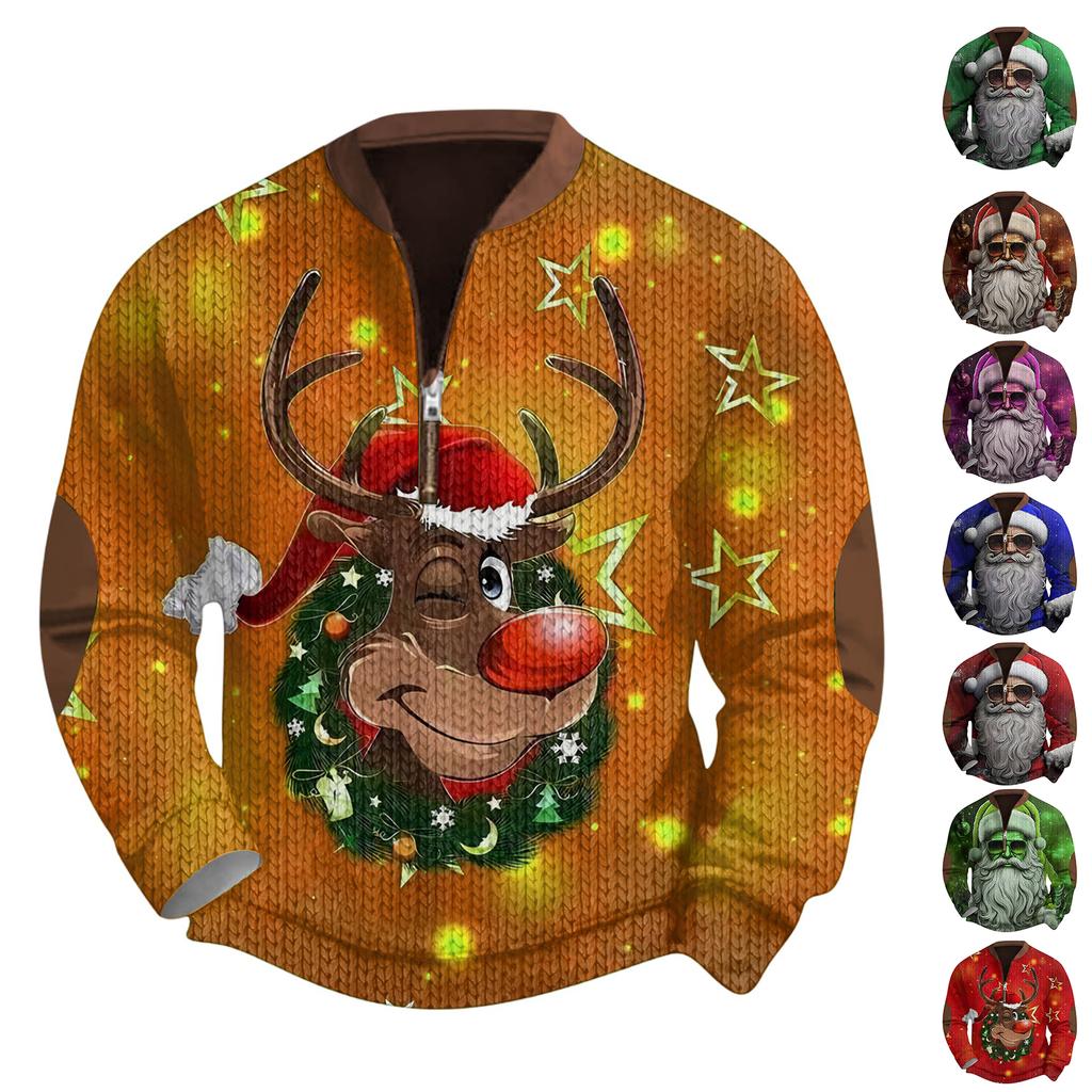 Mens Christmas Sweater Zip Up Sweatshirts Vintage Knit Graphic Sweatshirt Xmas Stand Collar Pullover