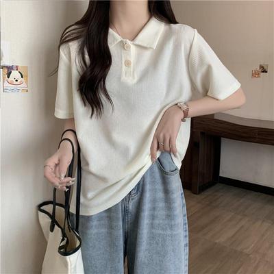 Top de Algodón para Estudiante de Verano para Mujer con Cuello Polo tipo Waffle Transfronterizo de Manga Corta Holgado y Ajustado