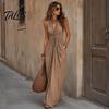 Lässiges Neckholder-Faltenkleid Damen Nacken Maxikleid, Tiefes V Ärmellos Schlankmachend Langer Rock Strandurlaub Sommerkleid, Sommer Fließend mit Taschen