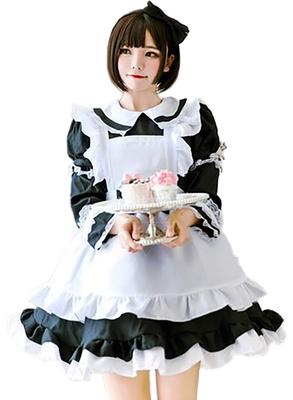 [Milky Time] Maid Outfit, Choice of Colors, Short or Long Sleeves, 2-Way Design, Maid Cosplay, Halloween (Black, Size XL)