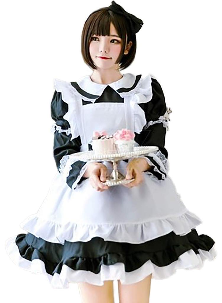 [Milky Time] Maid Outfit, Choice of Colors, Short or Long Sleeves, 2-Way Design, Maid Cosplay, Halloween (Black, Size XL)