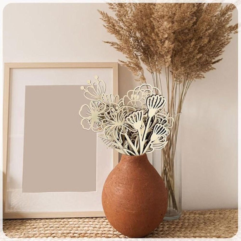 10Pcs Wood Material Wooden Flowers Cutout Design Laser Cut Wood Flowers Cutout Signs Natural Unpainted Wildflowers Stems