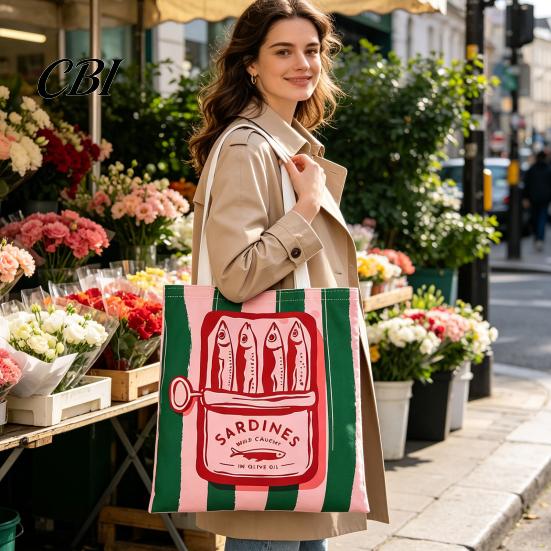 Durable Fabric School Bag Striped Canvas Tote, Sardine Can Pattern, Reusable Shopping Bag, Foldable Versatile Everyday Handbag Tote for Women Men Gym
