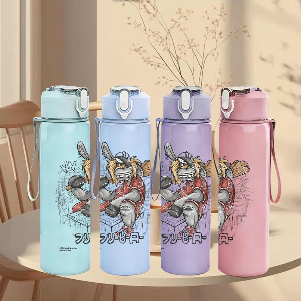 1PC Colorful warrior character graphic print 750ml colorful plastic sports water bottle leakproof pop lid with straw for outdoor office home use