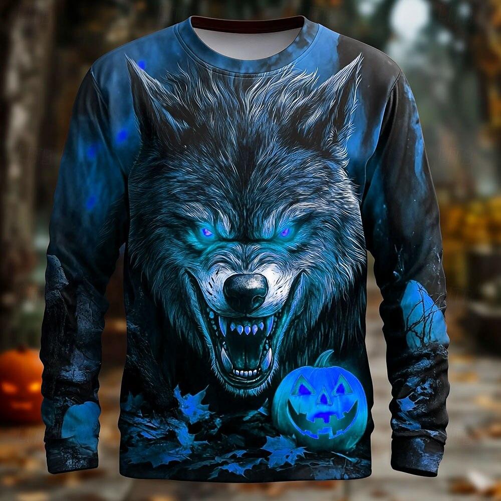 3D Vintage Wolf Print Men's T-Shirt Retro Cool Long Sleeved Round Neck Tees For Men Gothic Halloween Theme Party Unisex Clothing