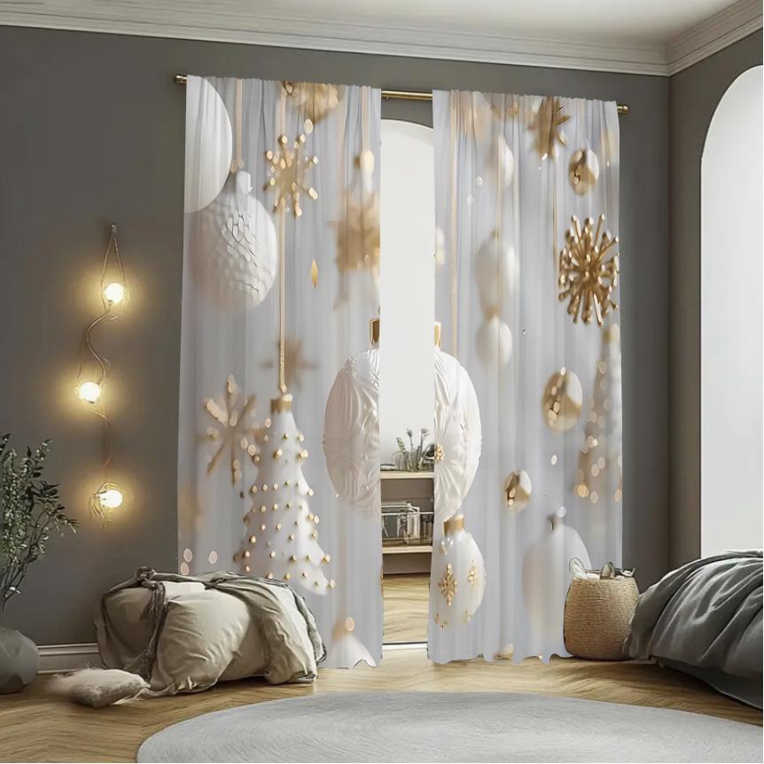 Julgardiner Vit Guld Dekor 2 Paneler 3D-tryck Högtidsdekoration Sovrum Vardagsrum Snöflingeornament Elegant Mysigt