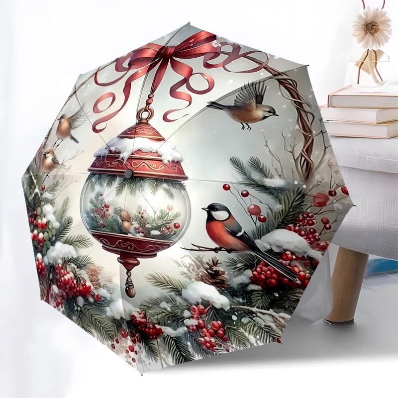 

1pc Christmas Wreath with Snowy Berries and Birds, Automatic Opening Umbrella, Portable 3-Fold Design, 8-Bone Iron Frame Outdoor Umbrella, Festive Gif