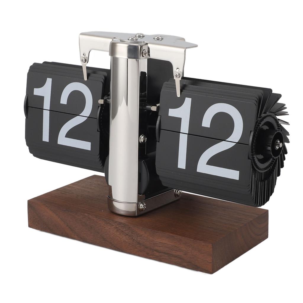 Flip Desk Clock Auto Mechanical Flip 24H Wood Base Stainless Steel Vintage Retro Digital Table Clock for Home Office