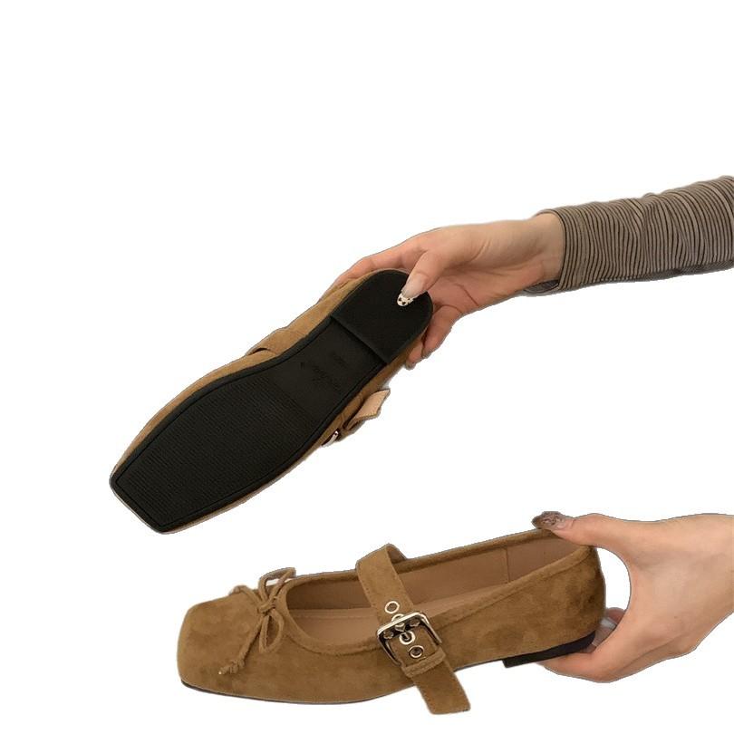 Internet celebrity square head women's shoes autumn new flat bow single shoes ballet silver belt buckle Mary Jane shoes