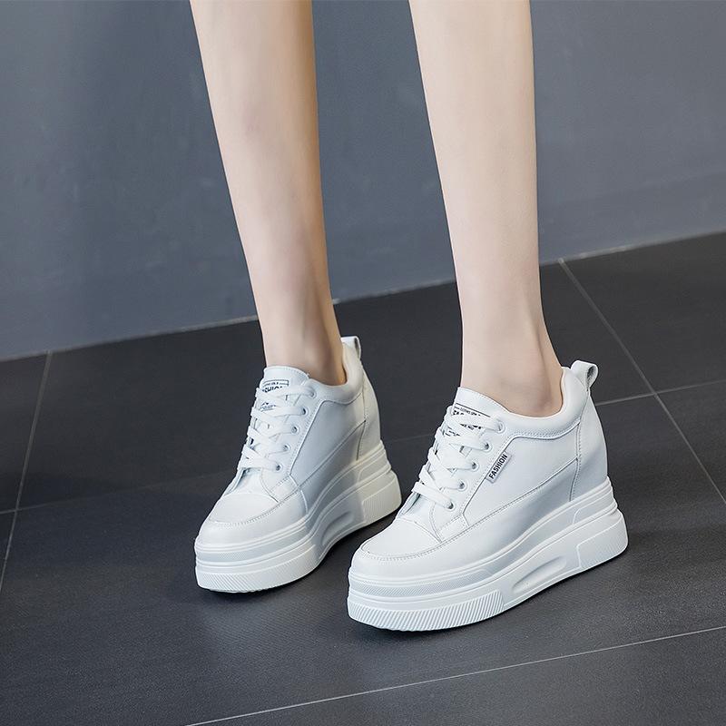 Inner height increase white shoes women's autumn 2025 new leather wedge heel women's shoes muffin thick sole 10CM casual single shoes