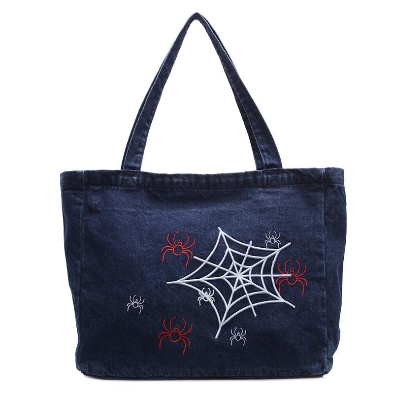 Large Capacity Denim Tote Bag Women's Travel Bag Embroidery Commuter Shoulder Bag