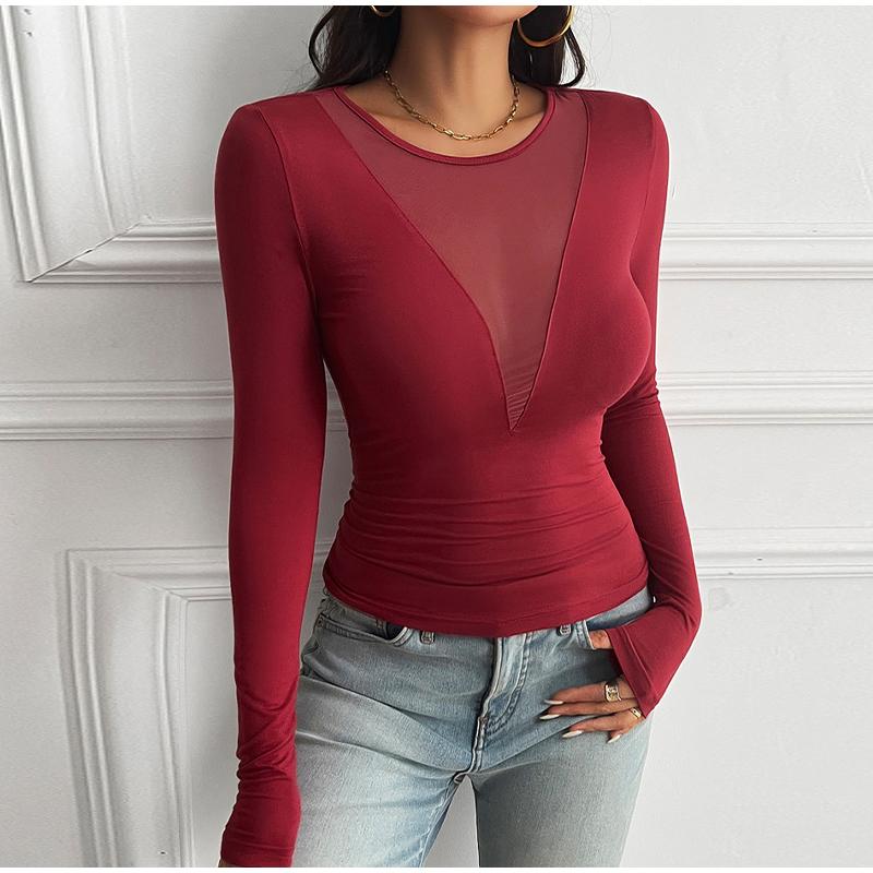 Damen Sommer Langarm Reine Farbe Skinny Tops Mesh Patchwork Durchsichtig Damenmode Sexy T-Shirt