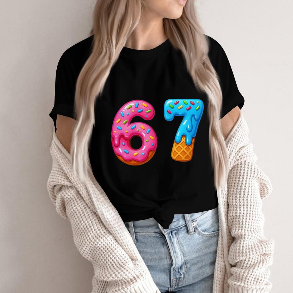 Women's Fashionable Casual Short Sleeved Printed T-Shirt Round Neck Top