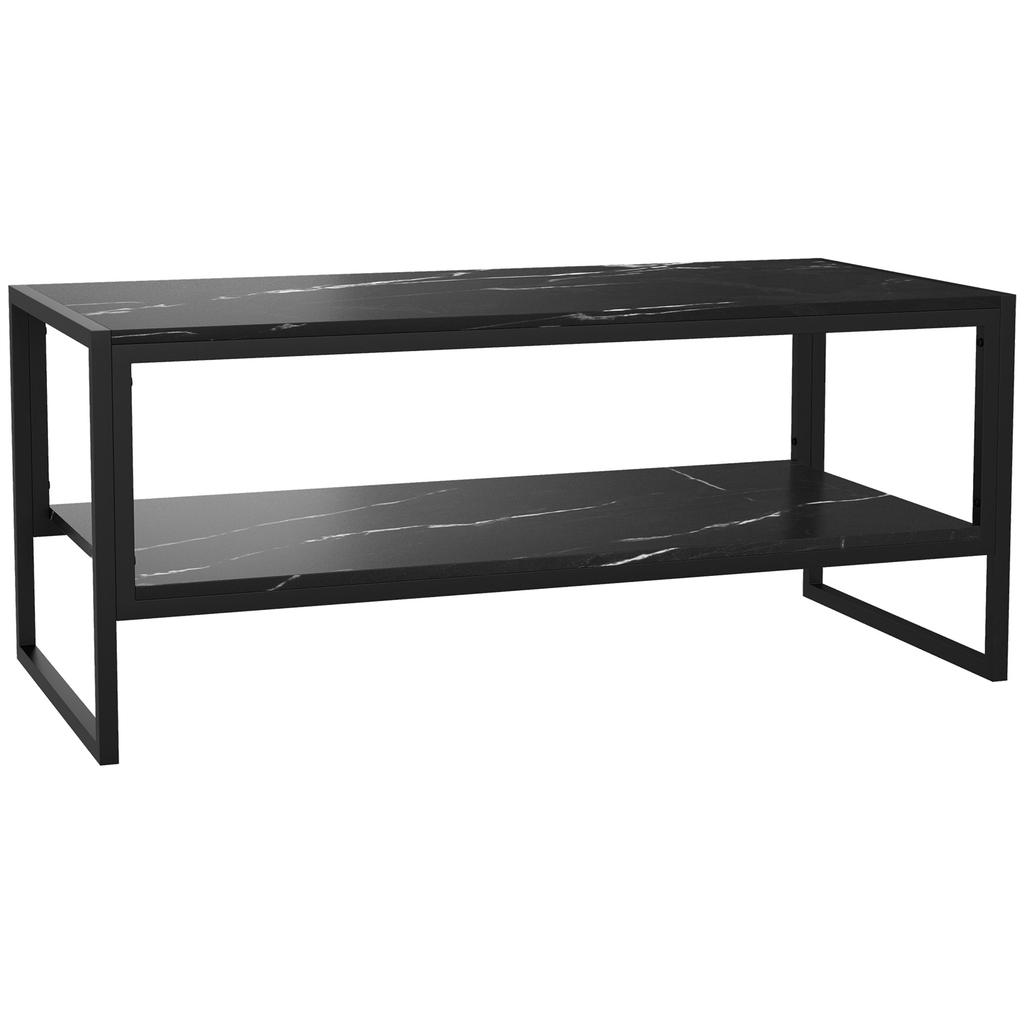 Tavolino da caffè, Tavolino centrale a due livelli effetto marmo finto con struttura in metallo e ripiano portaoggetti per soggiorno, 106 x 50 x 45 cm, Nero