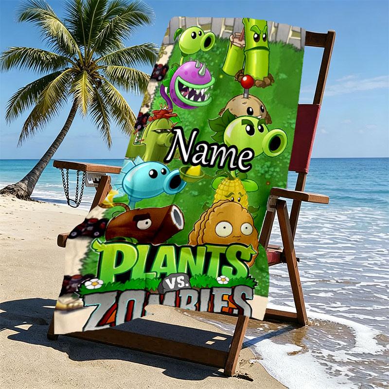Custom Name Personalized Plants vs. Zombies Print Beach Towel, for Trip Camping Beach Party Home Decor, Birthday Gift for Family & Friends