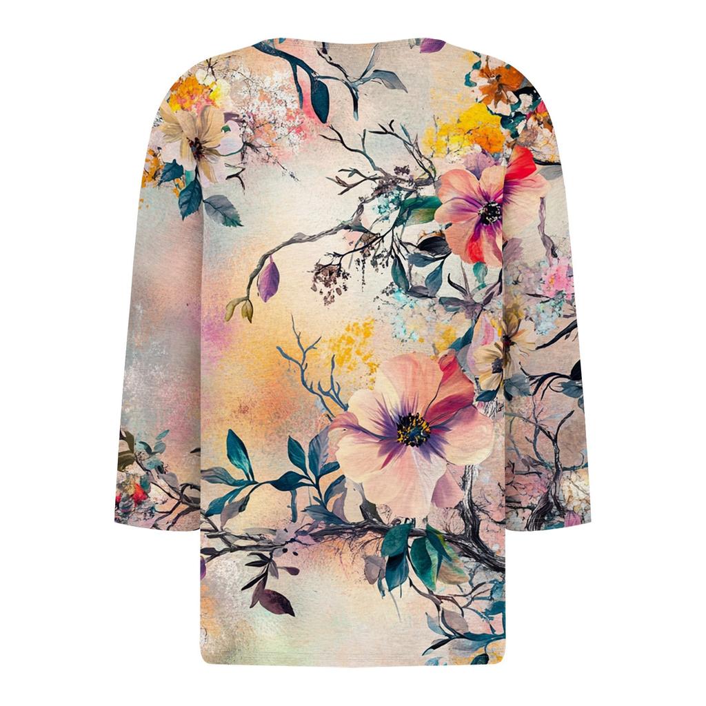 Women's Loose Casual Flower Print Seven Quarter Sleeved V-Neck Top Seven Quarter Sleeved V-Neck Top