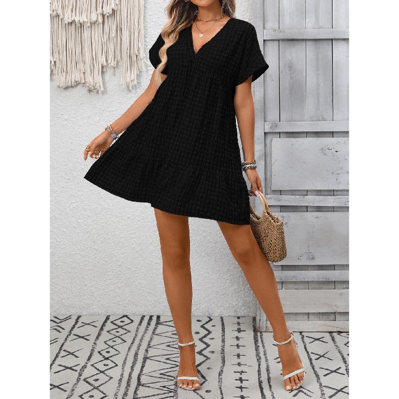 2026 Summer New Women's V-neck Loose Casual Short-sleeve Plaid Dress