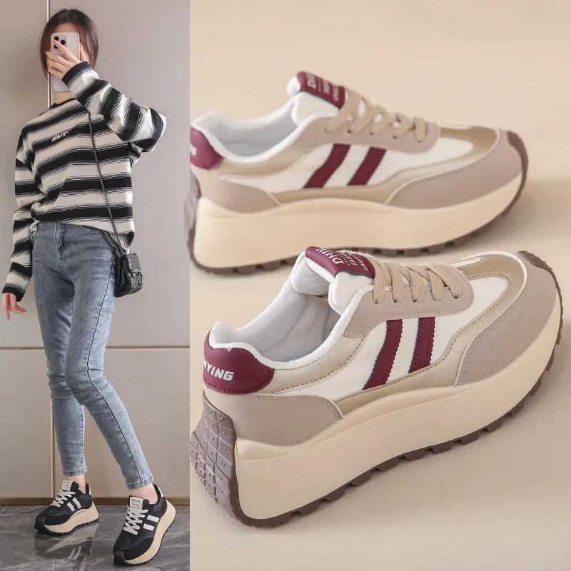 Autumn Spring Thick Bottom Women's Shoes Casual Patchwork Leather Sneakers Casual Vulcanised Shoes Ladies Chaussure Femme