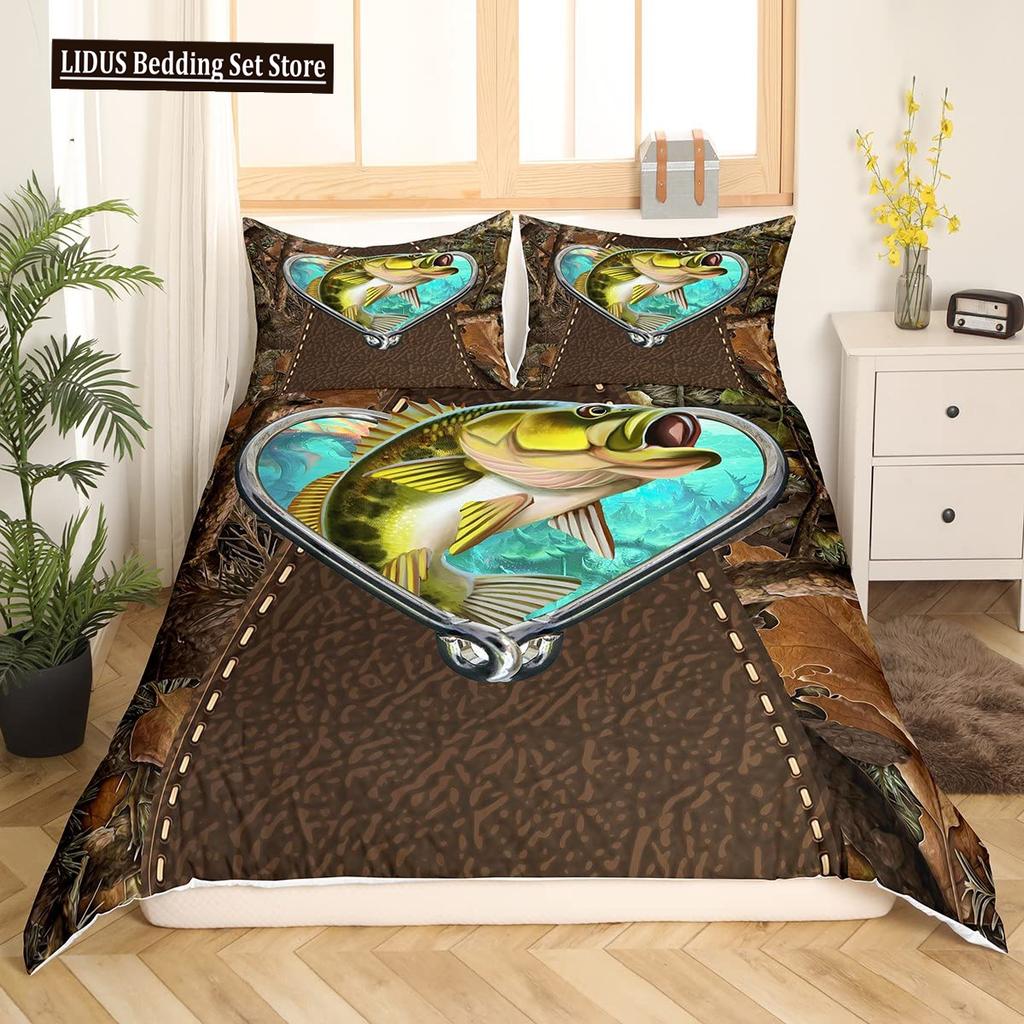 Pike Fish Bedding Striped Bass Big Pattern Hunting And Fishing Themed Duvet Cover For Kids Boys BedRoom Decorations For Teens