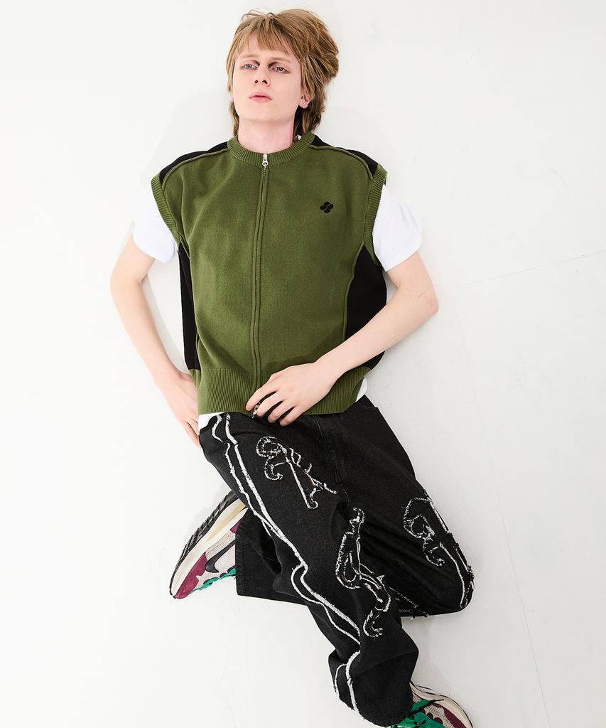 Hoodhood Racing Knit Zip-Up Vest Khaki