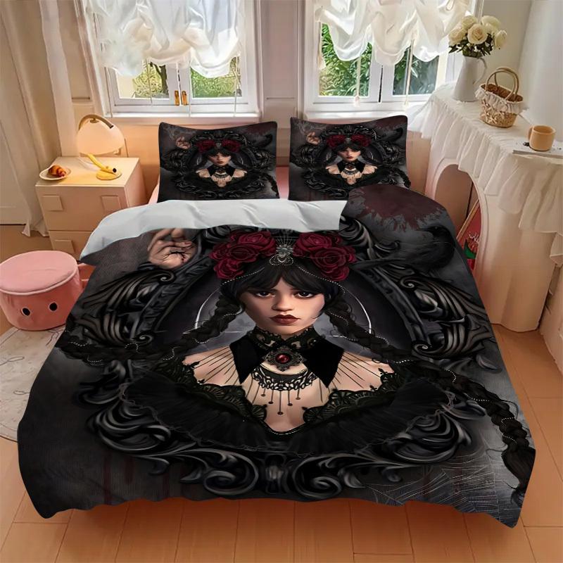 Set Biancheria da Letto Mercoledì 3 Pezzi. Morbido e Comodo Senza Imbottitura Inclusa (1x Copripiumino + 2x Federe) yy251009148