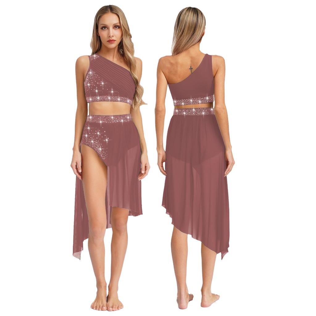 Womens Lyrical Modern Dance Outfits Dancewear One Shoulder Ruched Mesh Overlay Rhinestones Crop Top with Irregular Hem Skirt